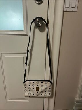 MCM White Logo Crossbody with Black Strap